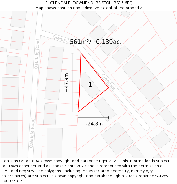 1, GLENDALE, DOWNEND, BRISTOL, BS16 6EQ: Plot and title map