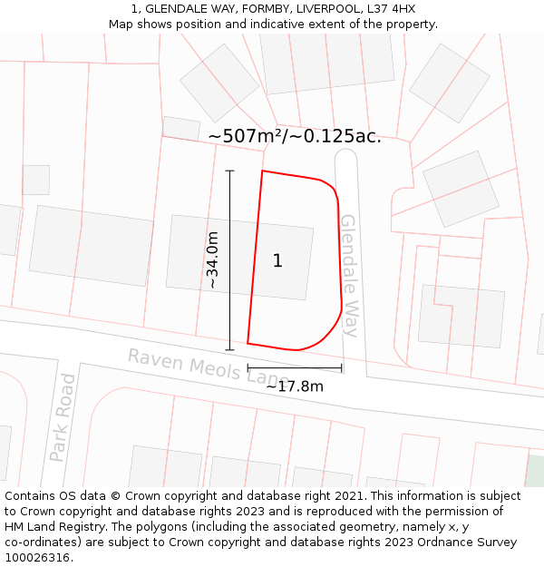 1, GLENDALE WAY, FORMBY, LIVERPOOL, L37 4HX: Plot and title map