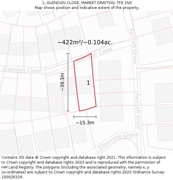 1, GLENDON CLOSE, MARKET DRAYTON, TF9 1NX: Plot and title map