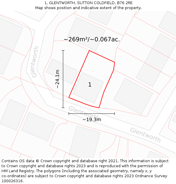 1, GLENTWORTH, SUTTON COLDFIELD, B76 2RE: Plot and title map