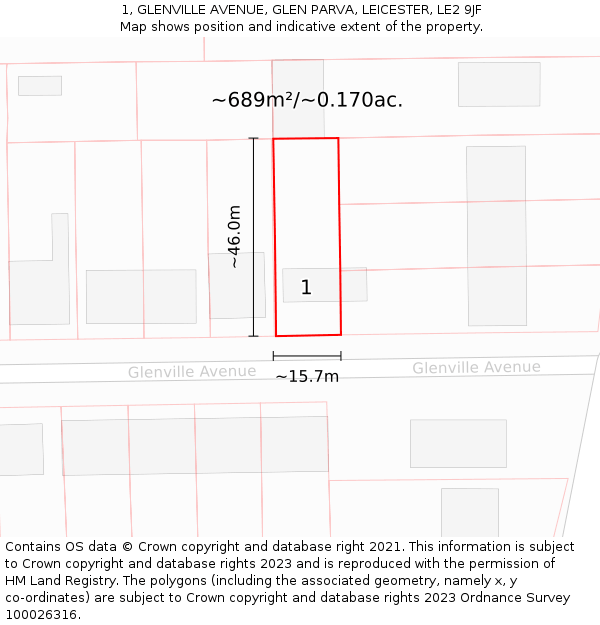 1, GLENVILLE AVENUE, GLEN PARVA, LEICESTER, LE2 9JF: Plot and title map