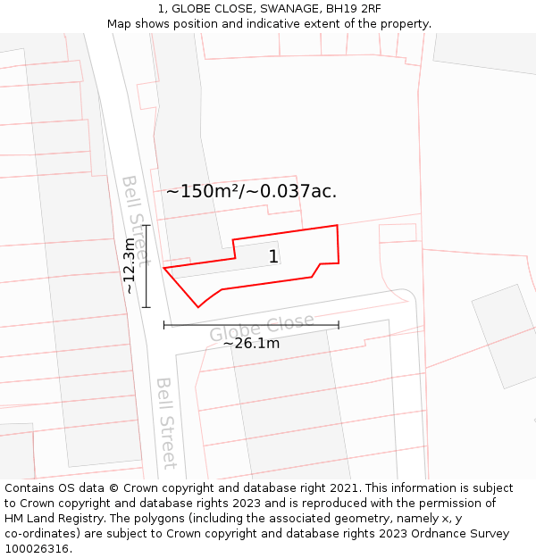 1, GLOBE CLOSE, SWANAGE, BH19 2RF: Plot and title map