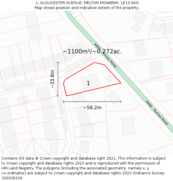1, GLOUCESTER AVENUE, MELTON MOWBRAY, LE13 0AG: Plot and title map