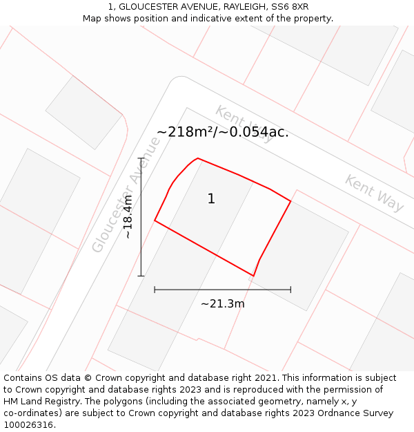 1, GLOUCESTER AVENUE, RAYLEIGH, SS6 8XR: Plot and title map