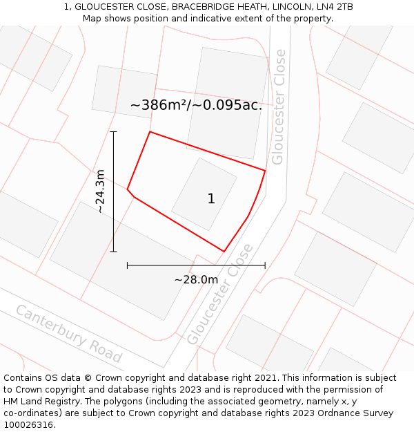 1, GLOUCESTER CLOSE, BRACEBRIDGE HEATH, LINCOLN, LN4 2TB: Plot and title map