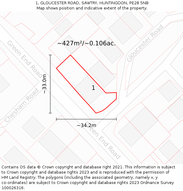 1, GLOUCESTER ROAD, SAWTRY, HUNTINGDON, PE28 5NB: Plot and title map