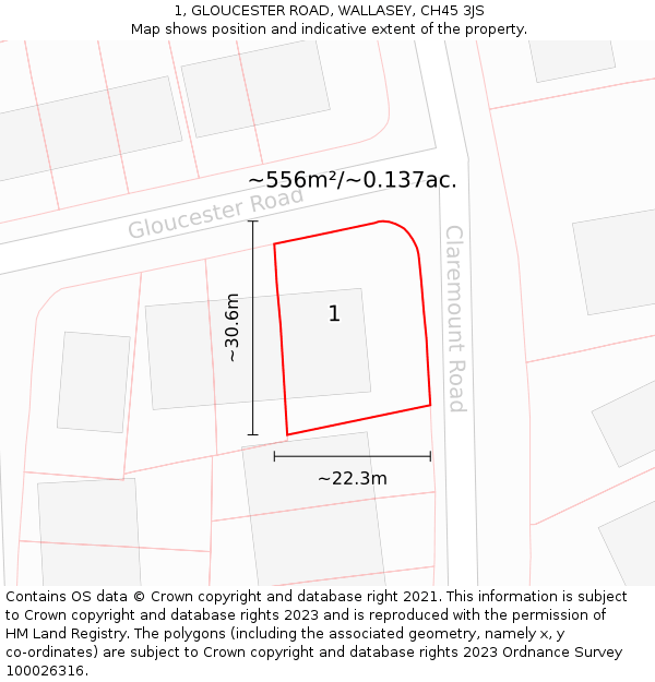 1, GLOUCESTER ROAD, WALLASEY, CH45 3JS: Plot and title map