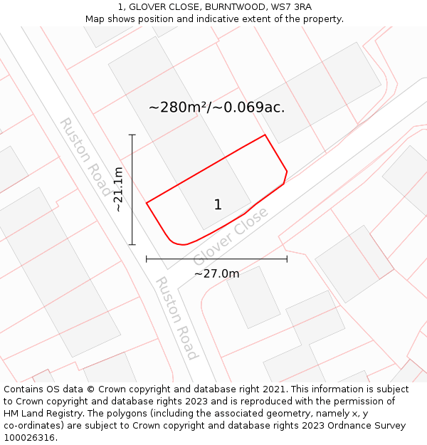 1, GLOVER CLOSE, BURNTWOOD, WS7 3RA: Plot and title map
