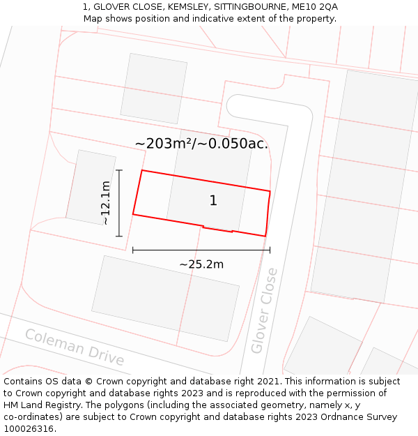 1, GLOVER CLOSE, KEMSLEY, SITTINGBOURNE, ME10 2QA: Plot and title map