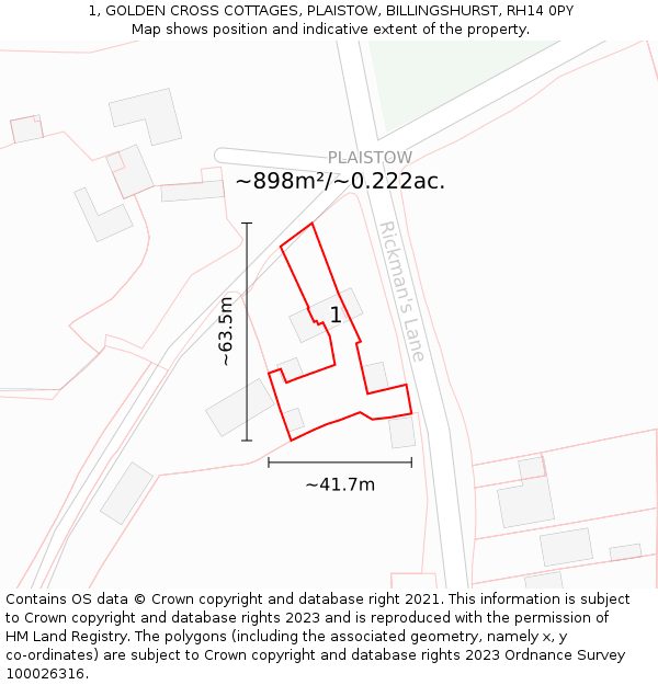 1, GOLDEN CROSS COTTAGES, PLAISTOW, BILLINGSHURST, RH14 0PY: Plot and title map