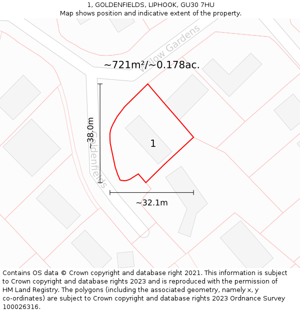 1, GOLDENFIELDS, LIPHOOK, GU30 7HU: Plot and title map