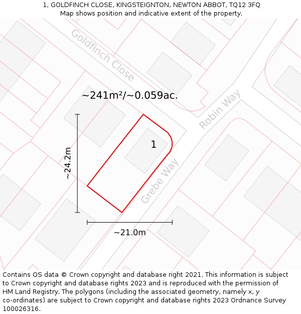 1, GOLDFINCH CLOSE, KINGSTEIGNTON, NEWTON ABBOT, TQ12 3FQ: Plot and title map
