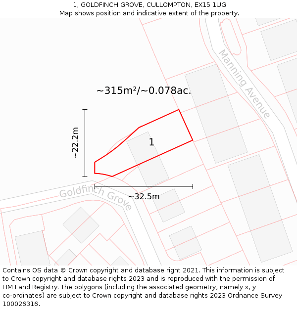 1, GOLDFINCH GROVE, CULLOMPTON, EX15 1UG: Plot and title map