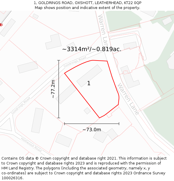 1, GOLDRINGS ROAD, OXSHOTT, LEATHERHEAD, KT22 0QP: Plot and title map