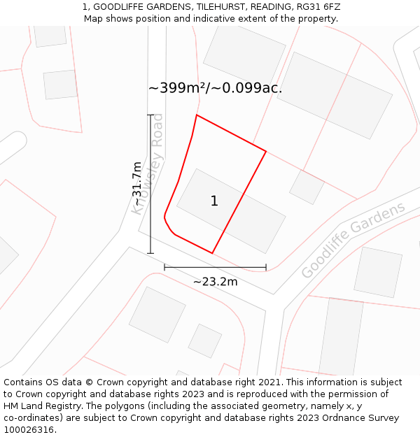 1, GOODLIFFE GARDENS, TILEHURST, READING, RG31 6FZ: Plot and title map