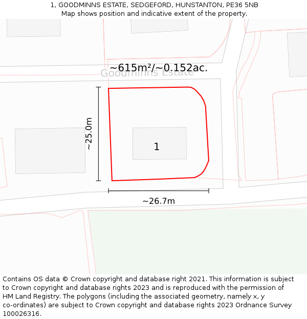 1, GOODMINNS ESTATE, SEDGEFORD, HUNSTANTON, PE36 5NB: Plot and title map