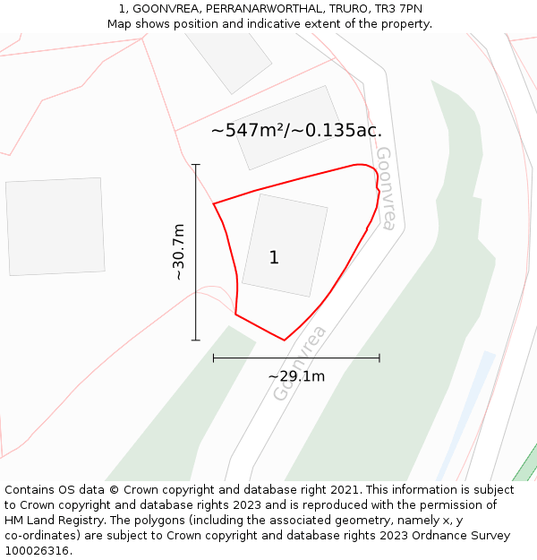 1, GOONVREA, PERRANARWORTHAL, TRURO, TR3 7PN: Plot and title map