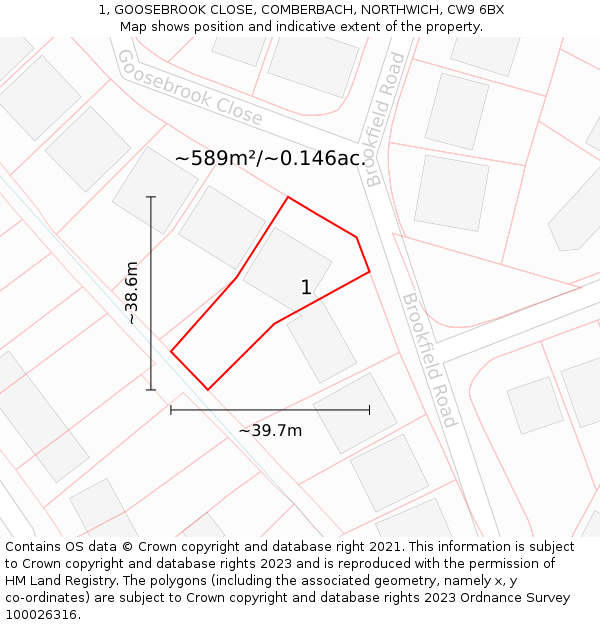 1, GOOSEBROOK CLOSE, COMBERBACH, NORTHWICH, CW9 6BX: Plot and title map