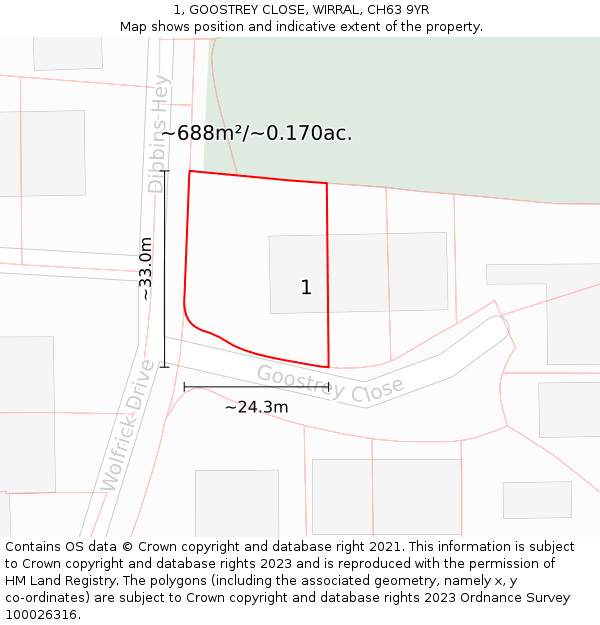 1, GOOSTREY CLOSE, WIRRAL, CH63 9YR: Plot and title map