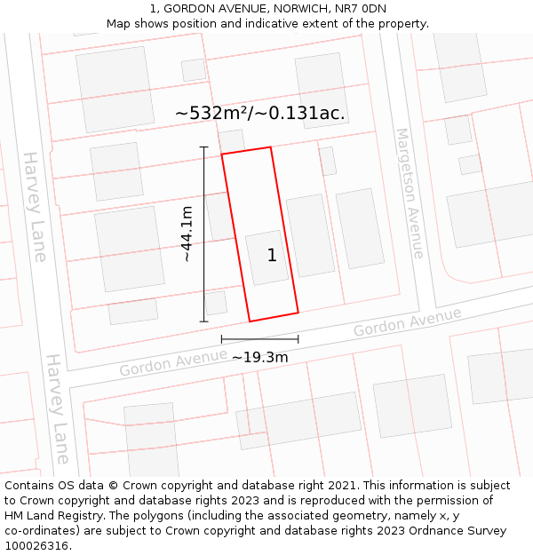 1, GORDON AVENUE, NORWICH, NR7 0DN: Plot and title map