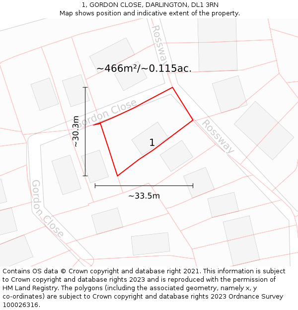 1, GORDON CLOSE, DARLINGTON, DL1 3RN: Plot and title map