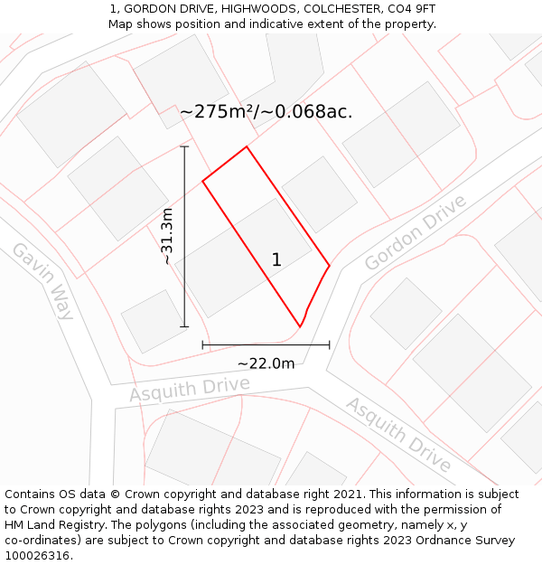 1, GORDON DRIVE, HIGHWOODS, COLCHESTER, CO4 9FT: Plot and title map