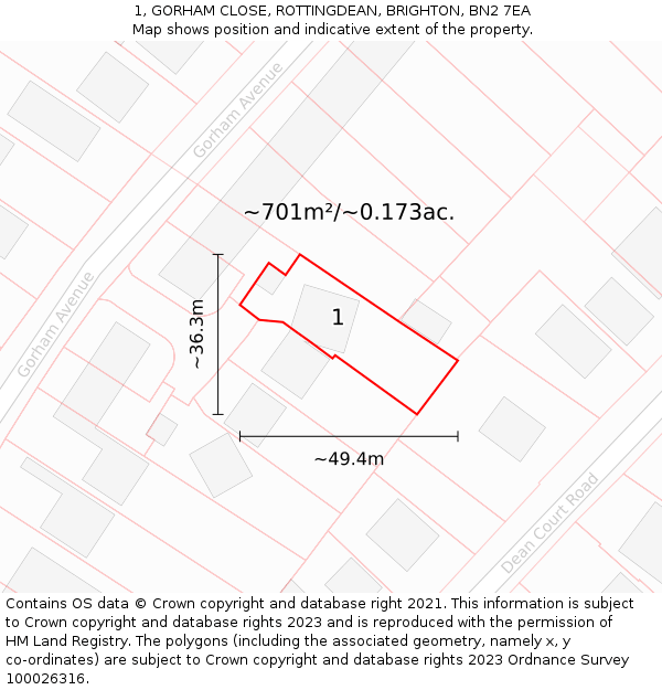 1, GORHAM CLOSE, ROTTINGDEAN, BRIGHTON, BN2 7EA: Plot and title map