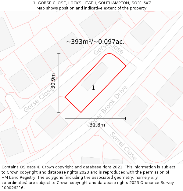 1, GORSE CLOSE, LOCKS HEATH, SOUTHAMPTON, SO31 6XZ: Plot and title map
