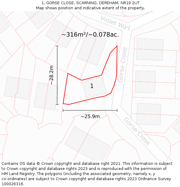 1, GORSE CLOSE, SCARNING, DEREHAM, NR19 2UT: Plot and title map