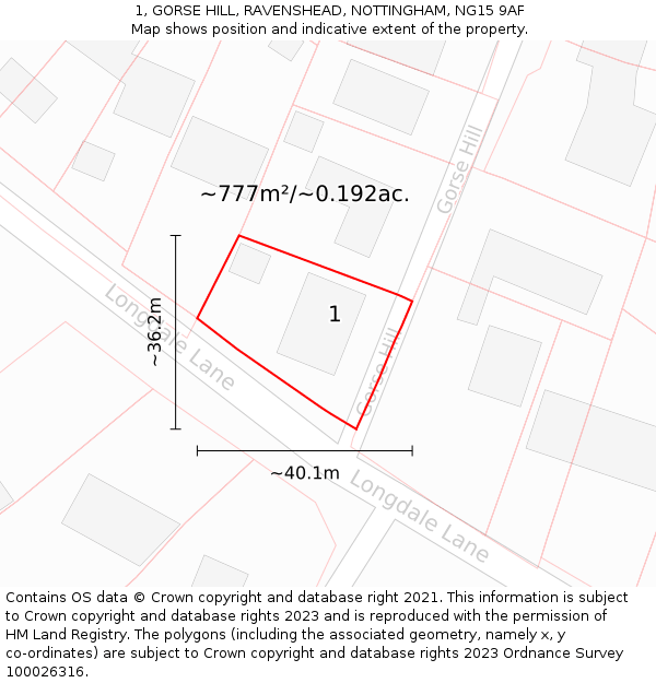 1, GORSE HILL, RAVENSHEAD, NOTTINGHAM, NG15 9AF: Plot and title map