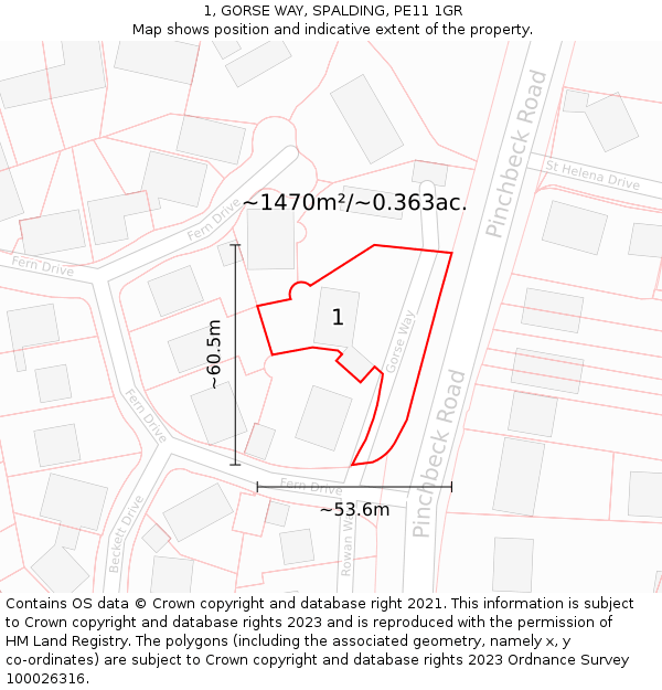 1, GORSE WAY, SPALDING, PE11 1GR: Plot and title map