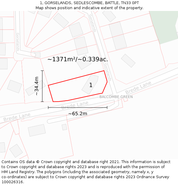 1, GORSELANDS, SEDLESCOMBE, BATTLE, TN33 0PT: Plot and title map