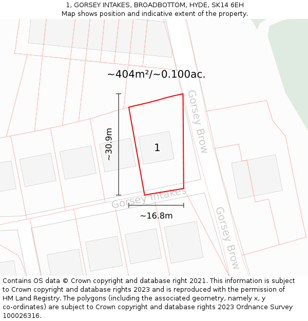 1, GORSEY INTAKES, BROADBOTTOM, HYDE, SK14 6EH: Plot and title map