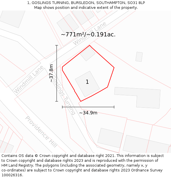 1, GOSLINGS TURNING, BURSLEDON, SOUTHAMPTON, SO31 8LP: Plot and title map