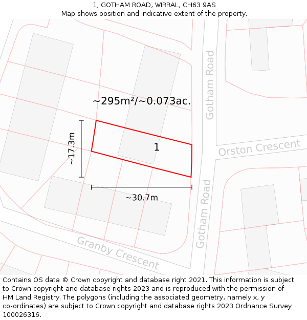 1, GOTHAM ROAD, WIRRAL, CH63 9AS: Plot and title map