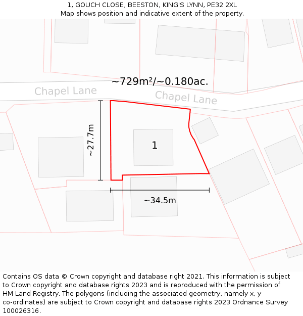 1, GOUCH CLOSE, BEESTON, KING'S LYNN, PE32 2XL: Plot and title map