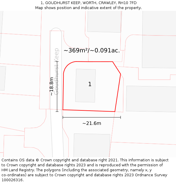 1, GOUDHURST KEEP, WORTH, CRAWLEY, RH10 7FD: Plot and title map