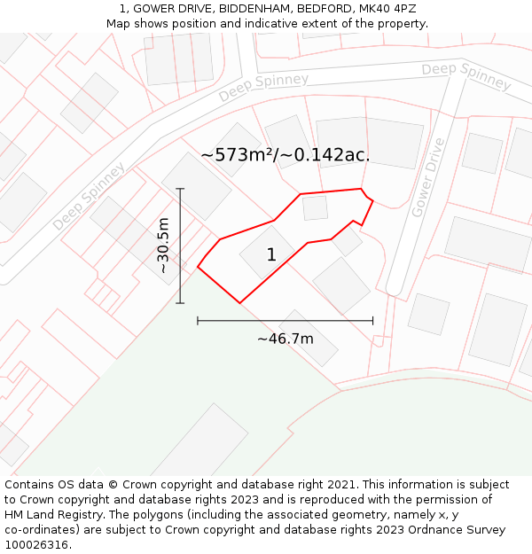 1, GOWER DRIVE, BIDDENHAM, BEDFORD, MK40 4PZ: Plot and title map