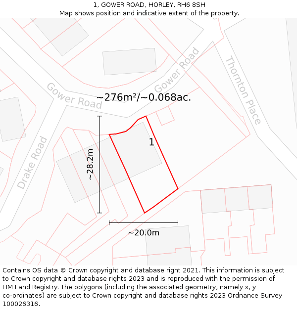 1, GOWER ROAD, HORLEY, RH6 8SH: Plot and title map