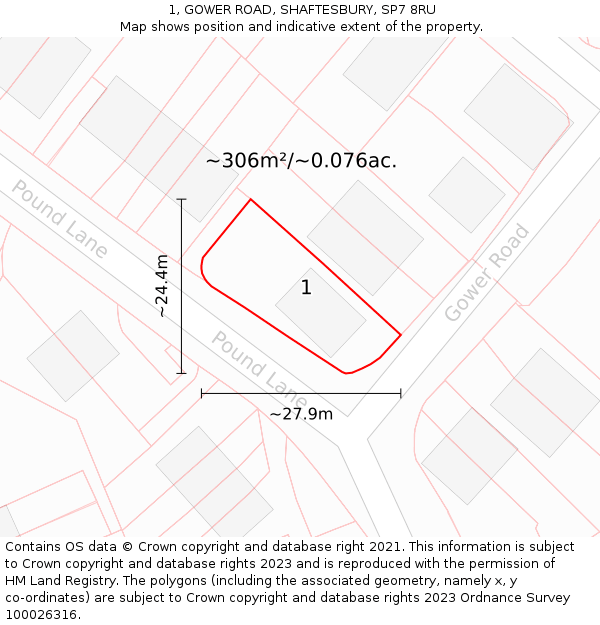 1, GOWER ROAD, SHAFTESBURY, SP7 8RU: Plot and title map