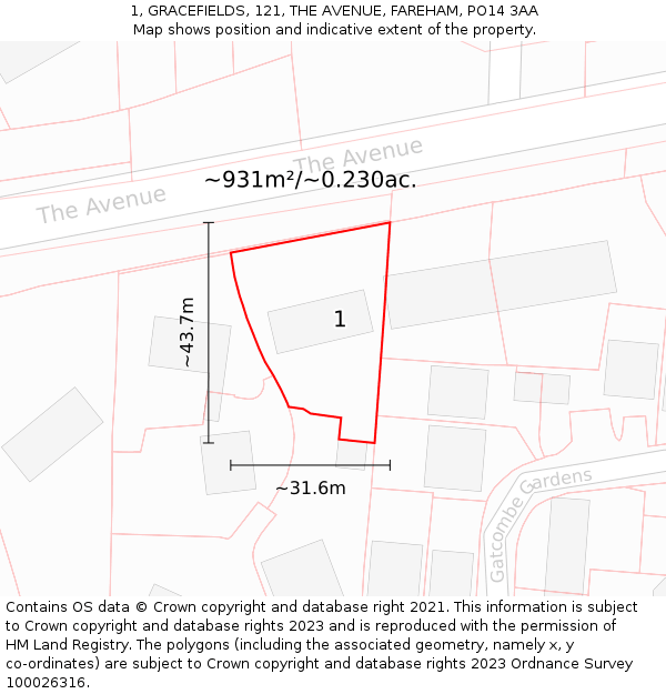 1, GRACEFIELDS, 121, THE AVENUE, FAREHAM, PO14 3AA: Plot and title map