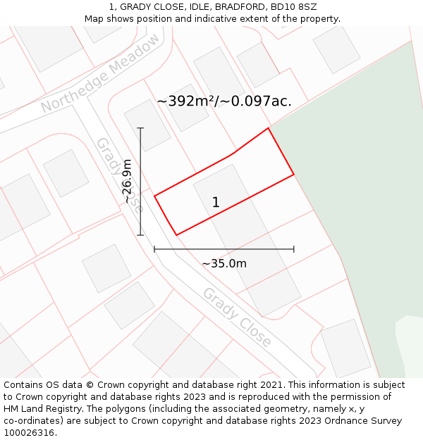1, GRADY CLOSE, IDLE, BRADFORD, BD10 8SZ: Plot and title map
