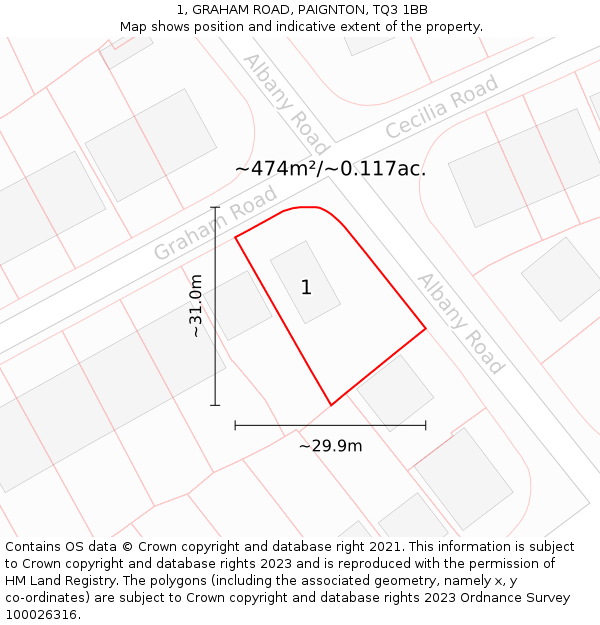 1, GRAHAM ROAD, PAIGNTON, TQ3 1BB: Plot and title map