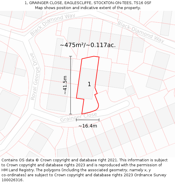 1, GRAINGER CLOSE, EAGLESCLIFFE, STOCKTON-ON-TEES, TS16 0SF: Plot and title map