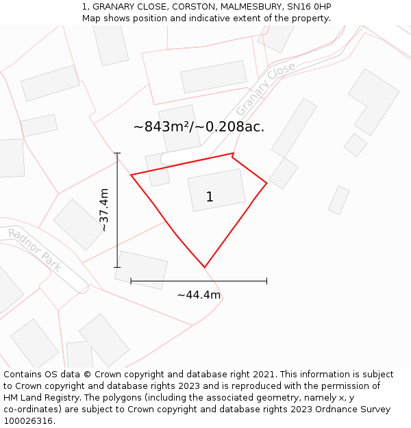 1, GRANARY CLOSE, CORSTON, MALMESBURY, SN16 0HP: Plot and title map