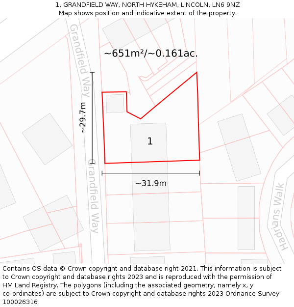 1, GRANDFIELD WAY, NORTH HYKEHAM, LINCOLN, LN6 9NZ: Plot and title map