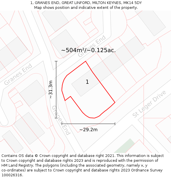1, GRANES END, GREAT LINFORD, MILTON KEYNES, MK14 5DY: Plot and title map