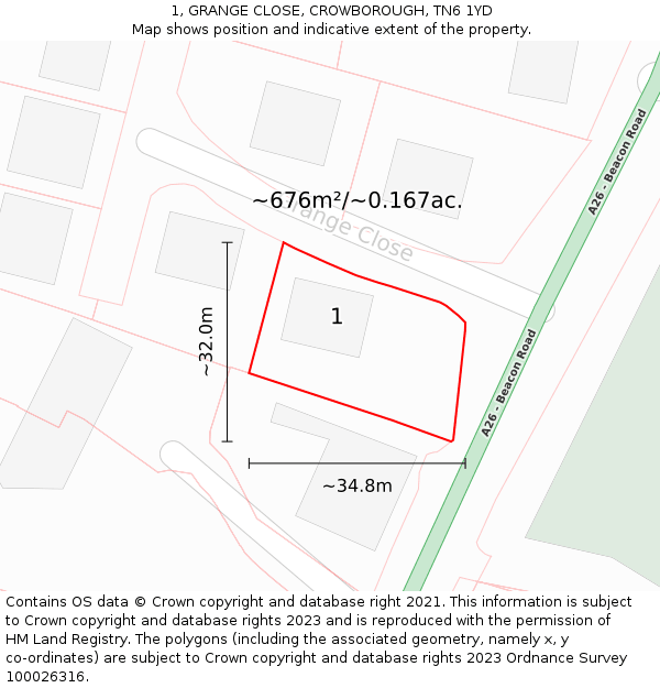 1, GRANGE CLOSE, CROWBOROUGH, TN6 1YD: Plot and title map