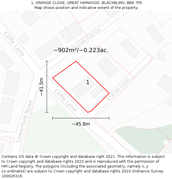 1, GRANGE CLOSE, GREAT HARWOOD, BLACKBURN, BB6 7PE: Plot and title map