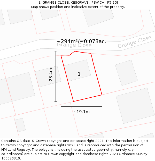 1, GRANGE CLOSE, KESGRAVE, IPSWICH, IP5 2QJ: Plot and title map